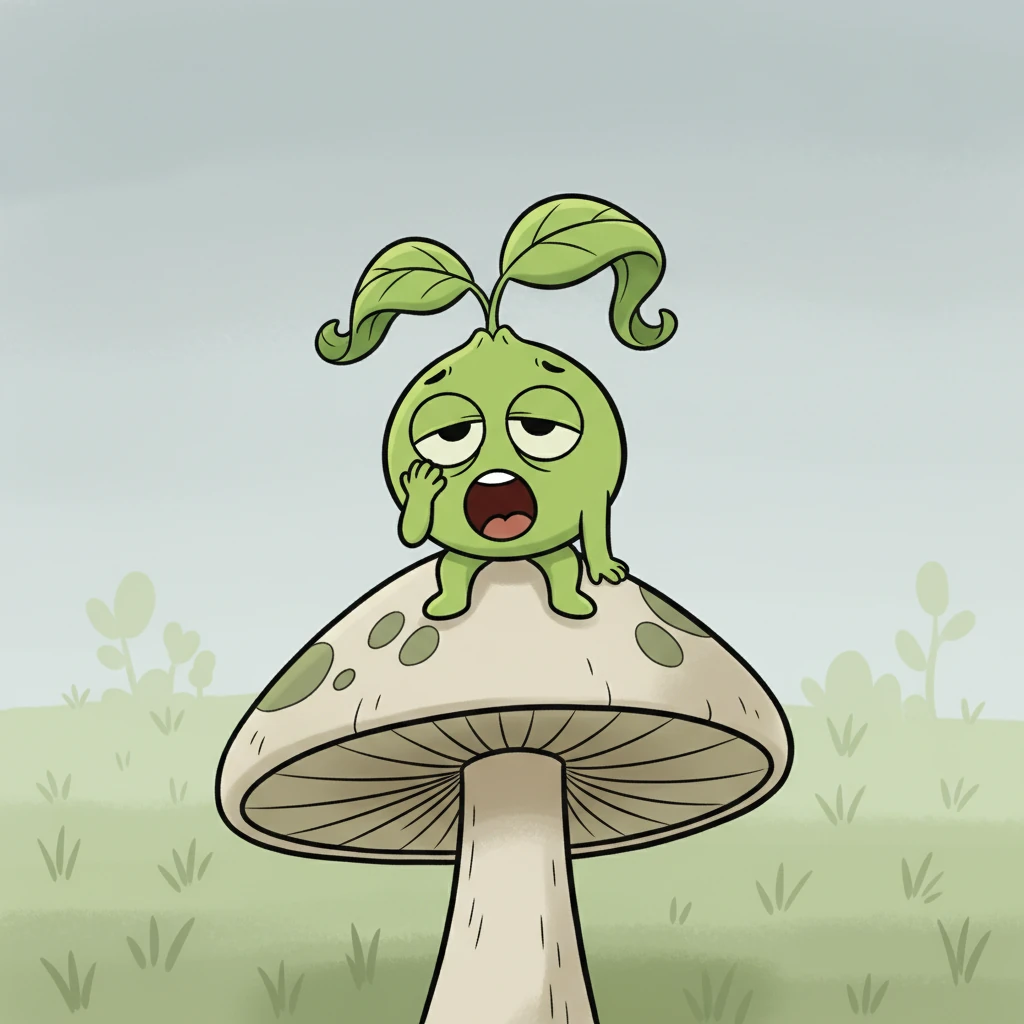 Sunny Sprout, a small, green character with big, sleepy eyes, sits droopily on a giant mushroom. Their bright green leaves are a little wilted, and a tiny yawn escapes their mouth. The colors around Sunny seem a bit dull.