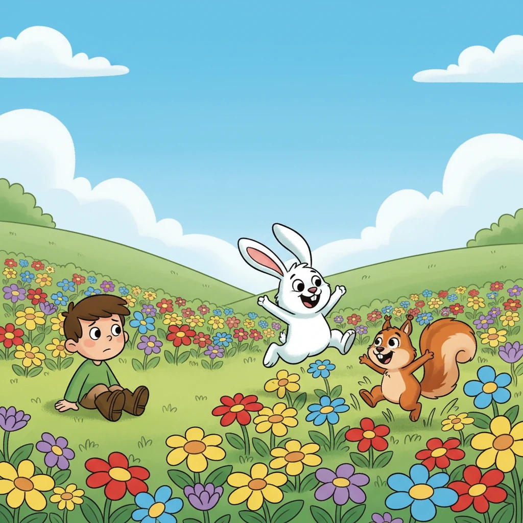 Nearby, Sunny's friends, a bouncy bunny and a playful squirrel, zip and zoom through a field of colorful flowers. They laugh and tumble, full of boundless energy, while Sunny watches them with a wistful sigh.