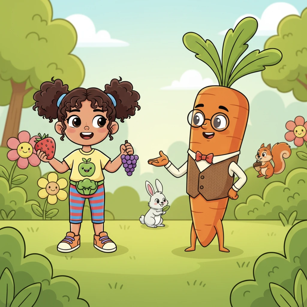 A wise, friendly carrot named Professor Crunch, wearing tiny spectacles, approaches Sunny with a kind smile. Professor Crunch explains that the bunny and squirrel have so much energy because they eat yummy, healthy foods.