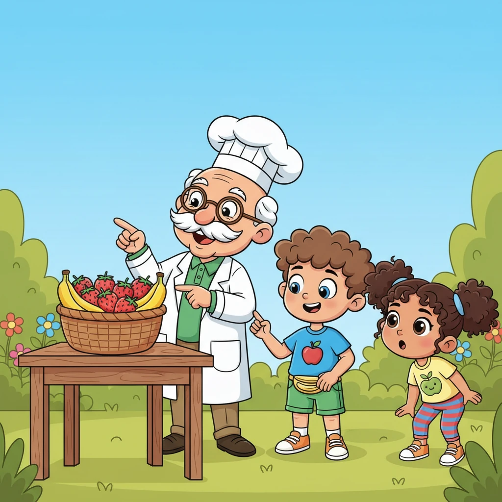 Professor Crunch points to a vibrant basket filled with juicy red strawberries, sunny yellow bananas, and plump purple grapes. "These are fruits!" he exclaims, "They give you natural sweetness and quick energy!" Sunny's eyes widen with curiosity.