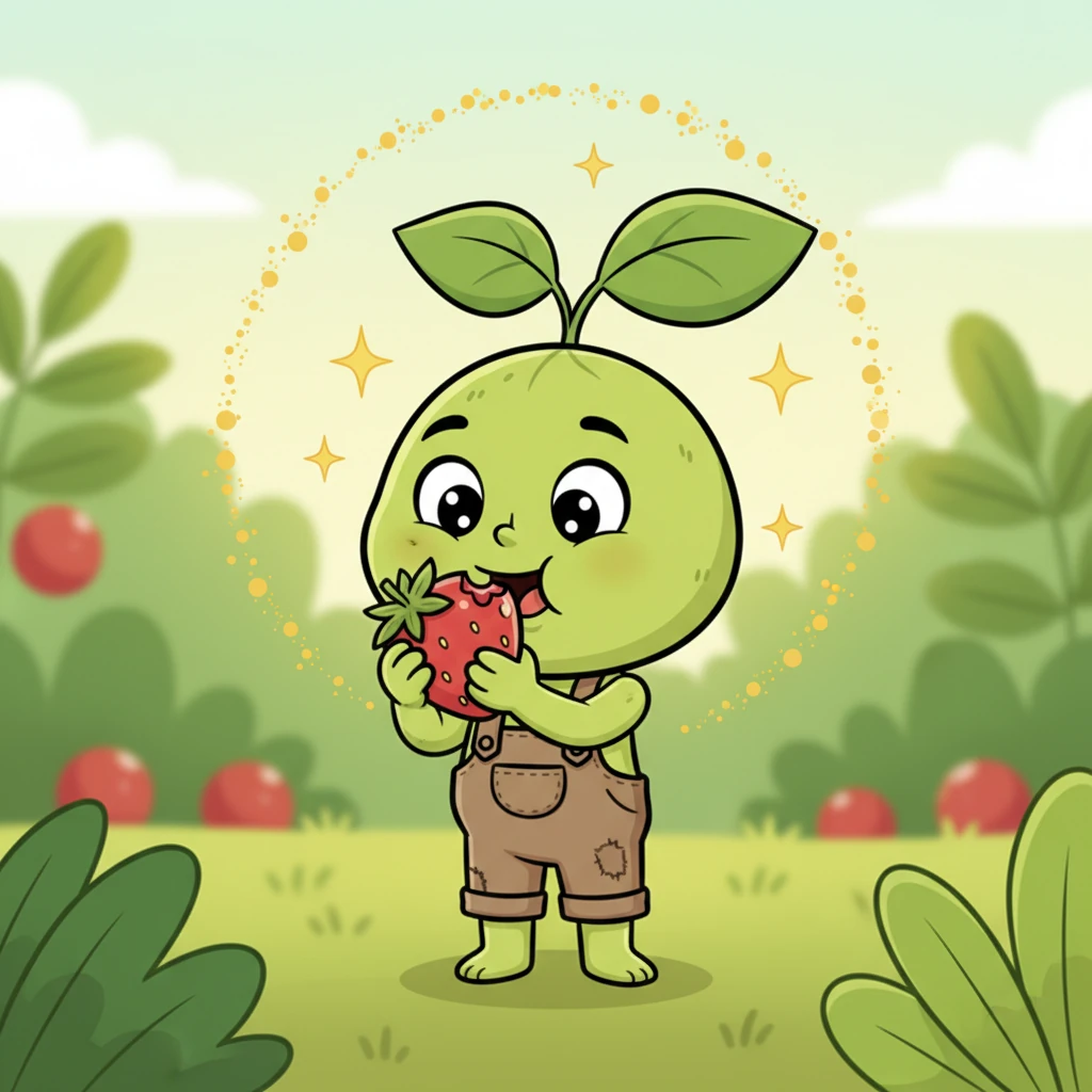Sunny carefully picks a bright red strawberry and takes a small bite. A tiny spark of energy twinkles around them, and Sunny feels a little less sleepy. Their leaves perk up just a tiny bit.