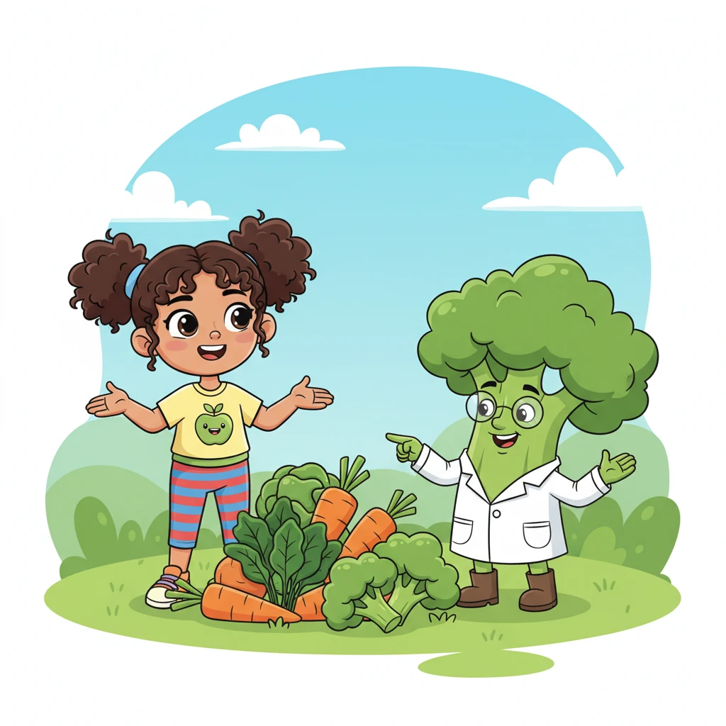 Next, Professor Crunch introduces a pile of crunchy carrots, leafy green spinach, and fluffy broccoli florets. "And these are vegetables!" he declares, "They make your bones strong and help you grow big and tall!" Sunny looks at the colorful veggies with newfound interest.