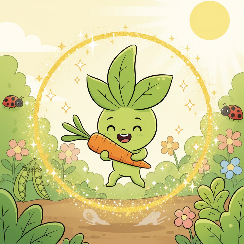 Sunny bravely tries a crunchy carrot stick. This time, a bigger, brighter sparkle surrounds them! Sunny stands up taller, their leaves unfurl, and they feel a happy bounce in their step.