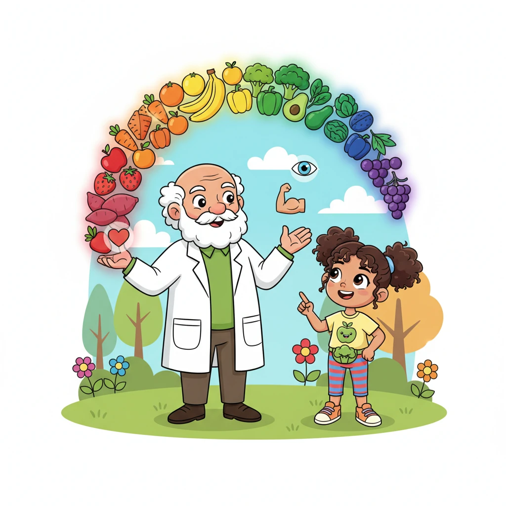 Professor Crunch shows Sunny a rainbow of healthy foods, explaining that each color gives special powers. Red foods help your heart, green foods make you strong, and orange foods help your eyes see clearly. Eating a variety is best!
