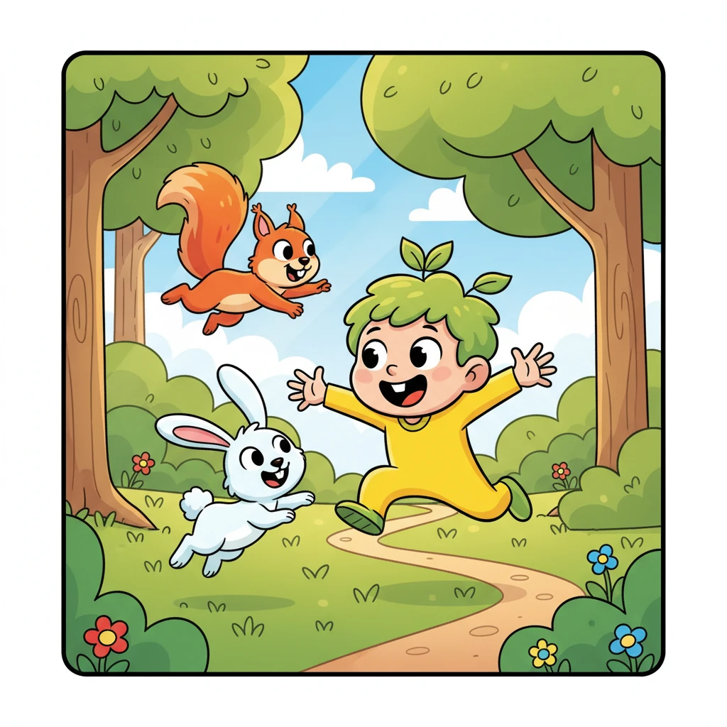 Feeling energized and strong, Sunny Sprout dashes off to join the bunny and squirrel. They all play a lively game of tag, laughing and leaping with joy. Sunny is no longer droopy but full of life!