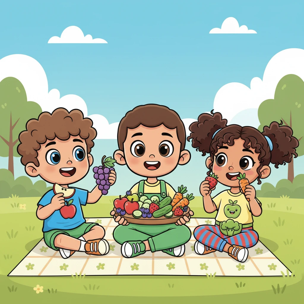 Later, Sunny Sprout shares a big platter of colorful fruits and vegetables with their friends. Everyone happily munches on the delicious, healthy snacks, knowing that good food helps them have the best adventures together.