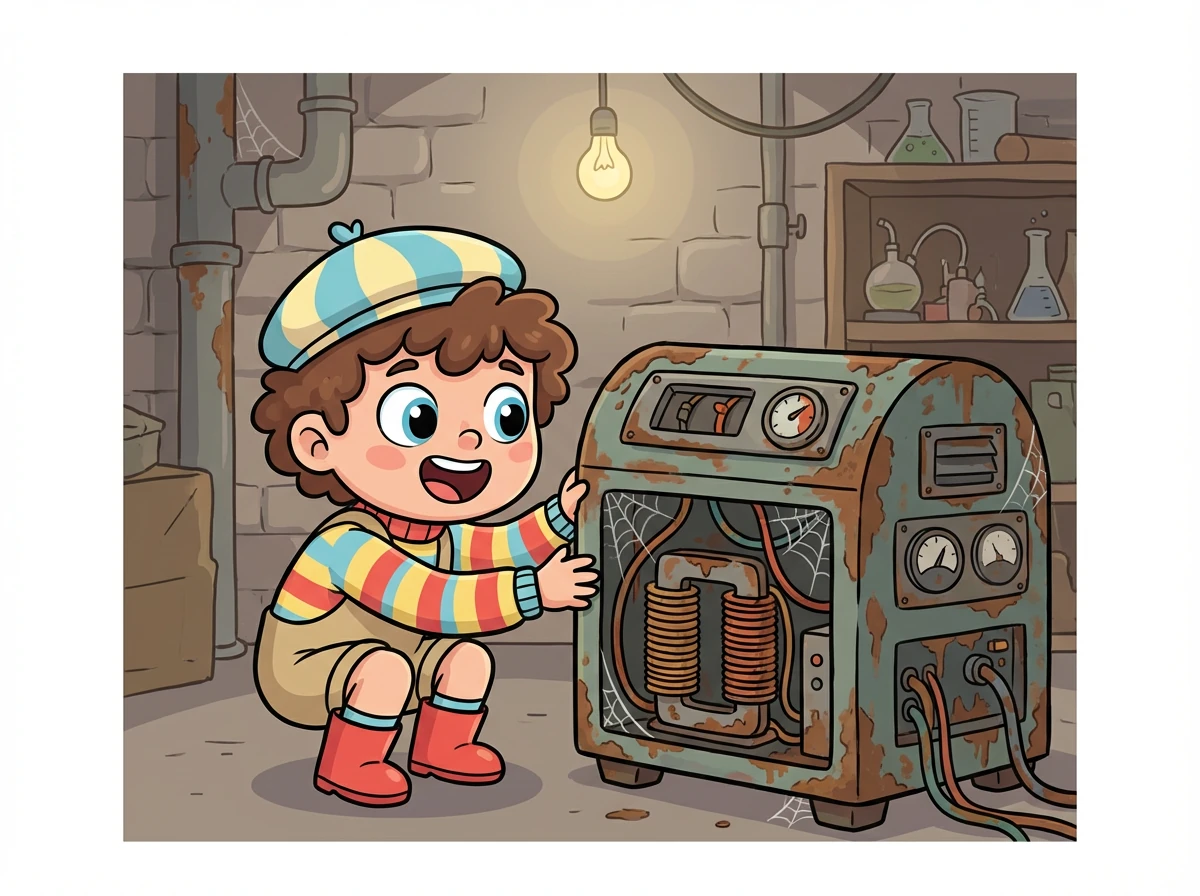 Théo, un jeune garçon passionné par les sciences, découvre un vieil électrogénérateur dans le sous-sol de son école. Il est rouillé et ne fonctionne plus.