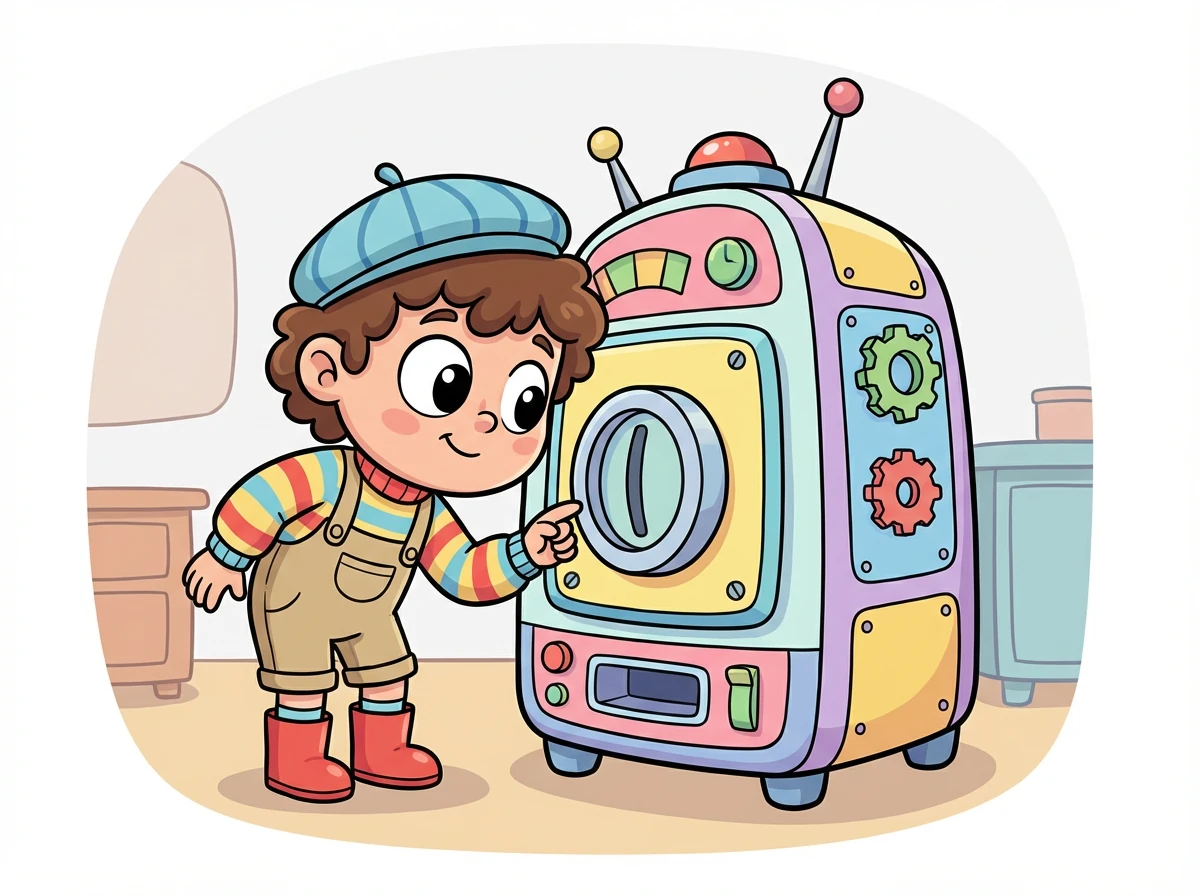 Intrigué, Théo examine de plus près la machine. Il remarque une fente circulaire au centre de l'appareil.