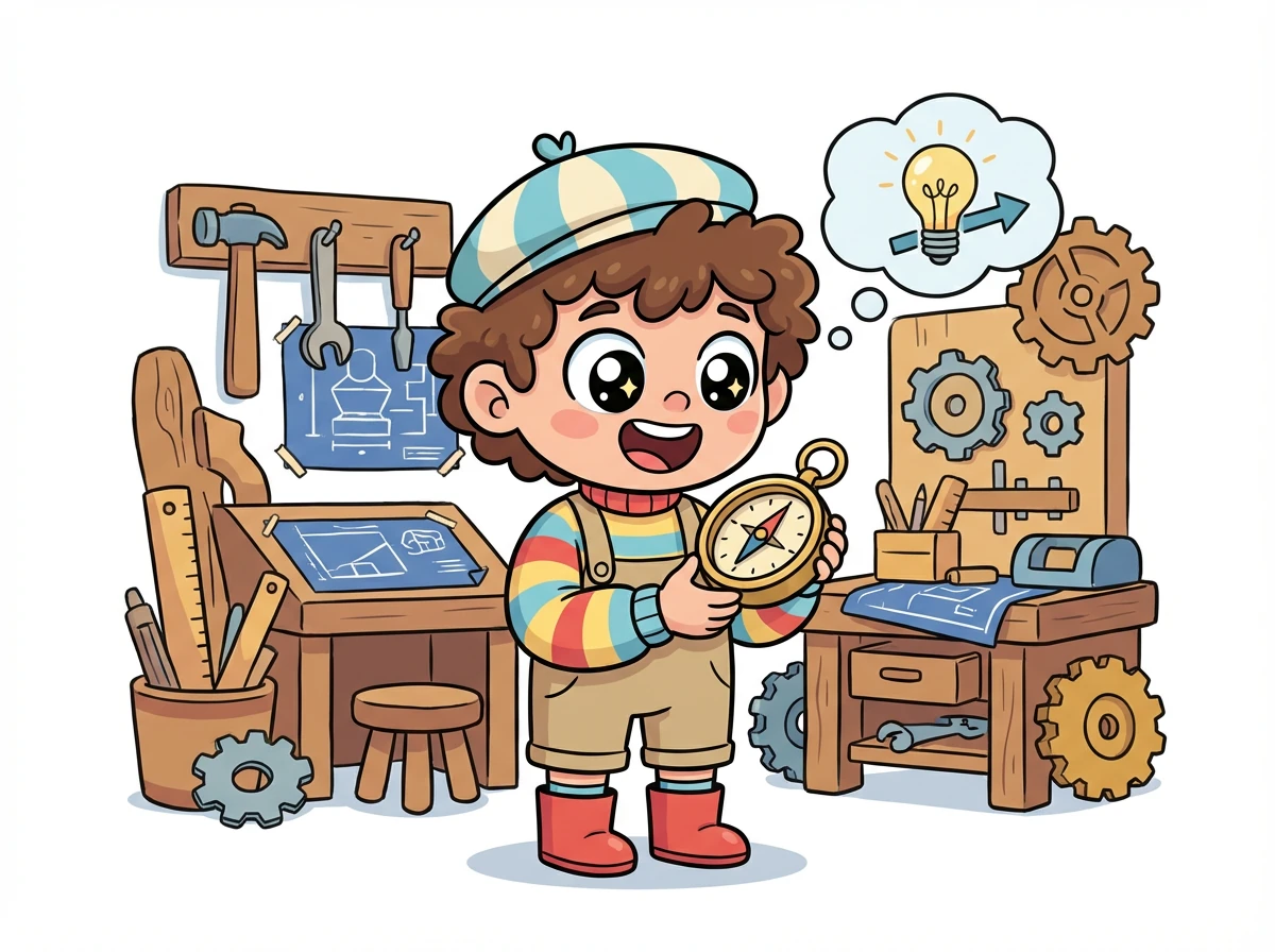 Dans son atelier, Théo trouve une vieille boussole en laiton héritée de son grand-père. Une idée lui traverse l'esprit.