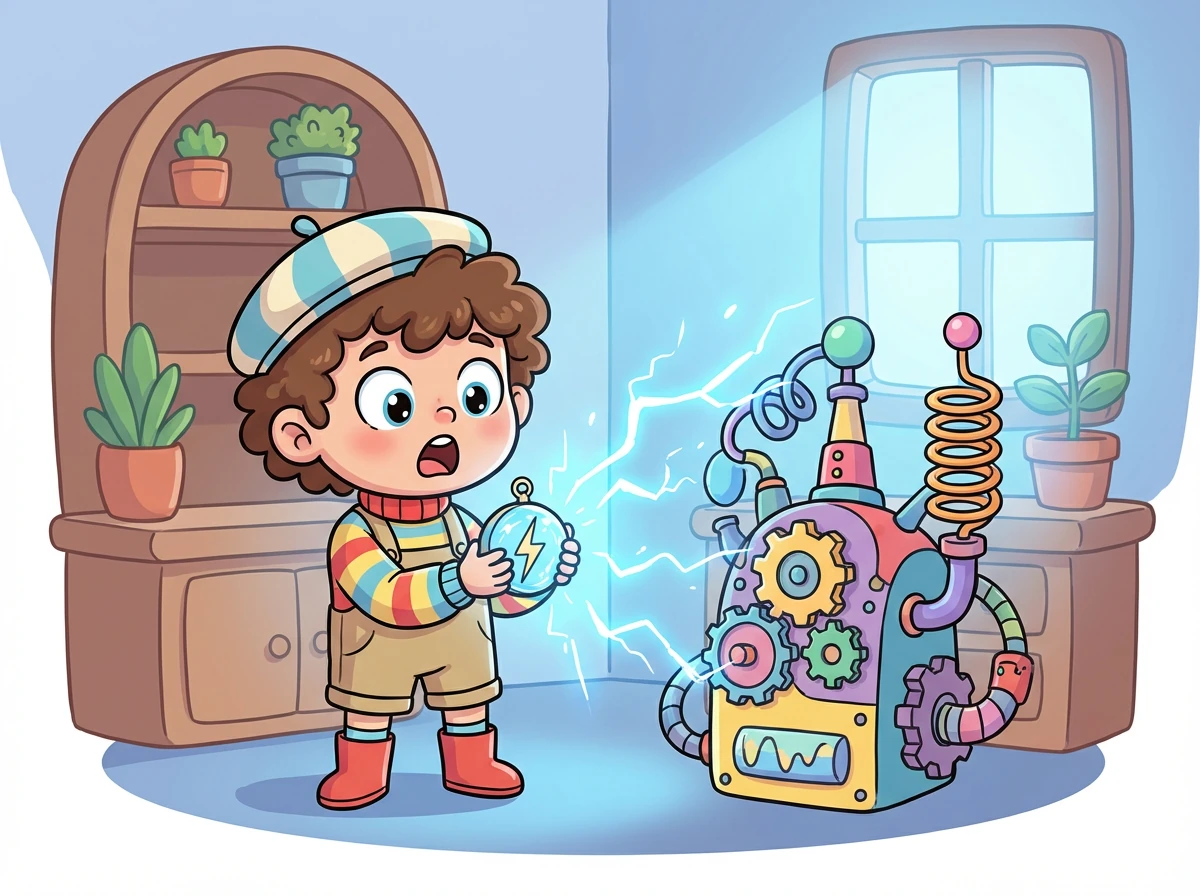 Soudain, des étincelles bleues jaillissent entre la boussole et la machine. La pièce s'illumine d'une lumière vive.