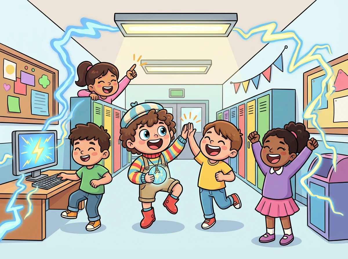 L'énergie se propage dans toute l'école, réactivant les lumières et les appareils. Les élèves célèbrent avec joie.