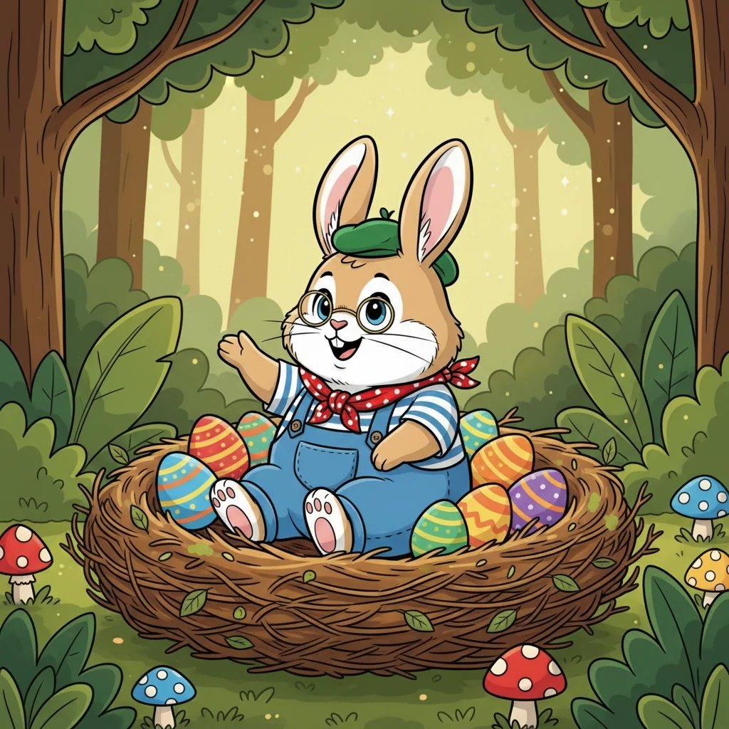 Barnabé, un petit lapin aux grandes oreilles, était très heureux. Il avait pondu de magnifiques œufs colorés dans un nid douillet, au fond de la forêt. Il savait qu'il devait les protéger à tout prix.