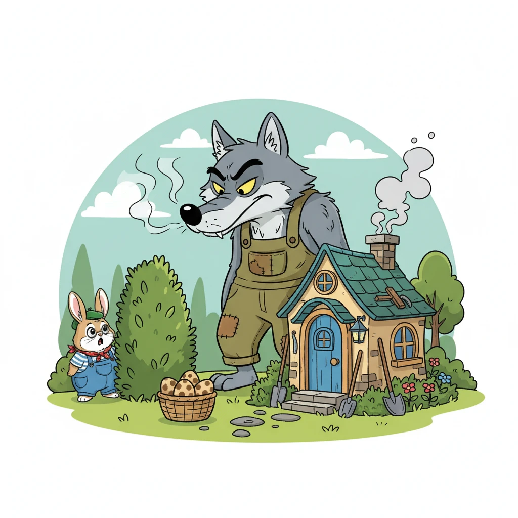 Le loup, avec ses yeux perçants, rôdait autour de la maison de Barnabé. Il avait faim et voulait absolument manger les œufs de lapin. Il flairait l'odeur alléchante.