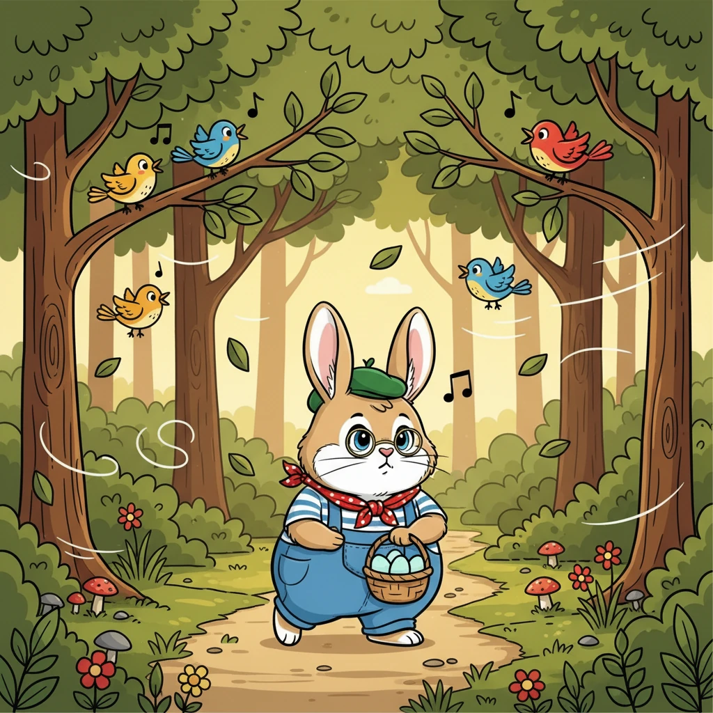 Il prit ses œufs délicatement et partit en secret, traversant les bois. Les arbres bruissaient et les oiseaux chantaient, mais Barnabé restait concentré sur sa mission.