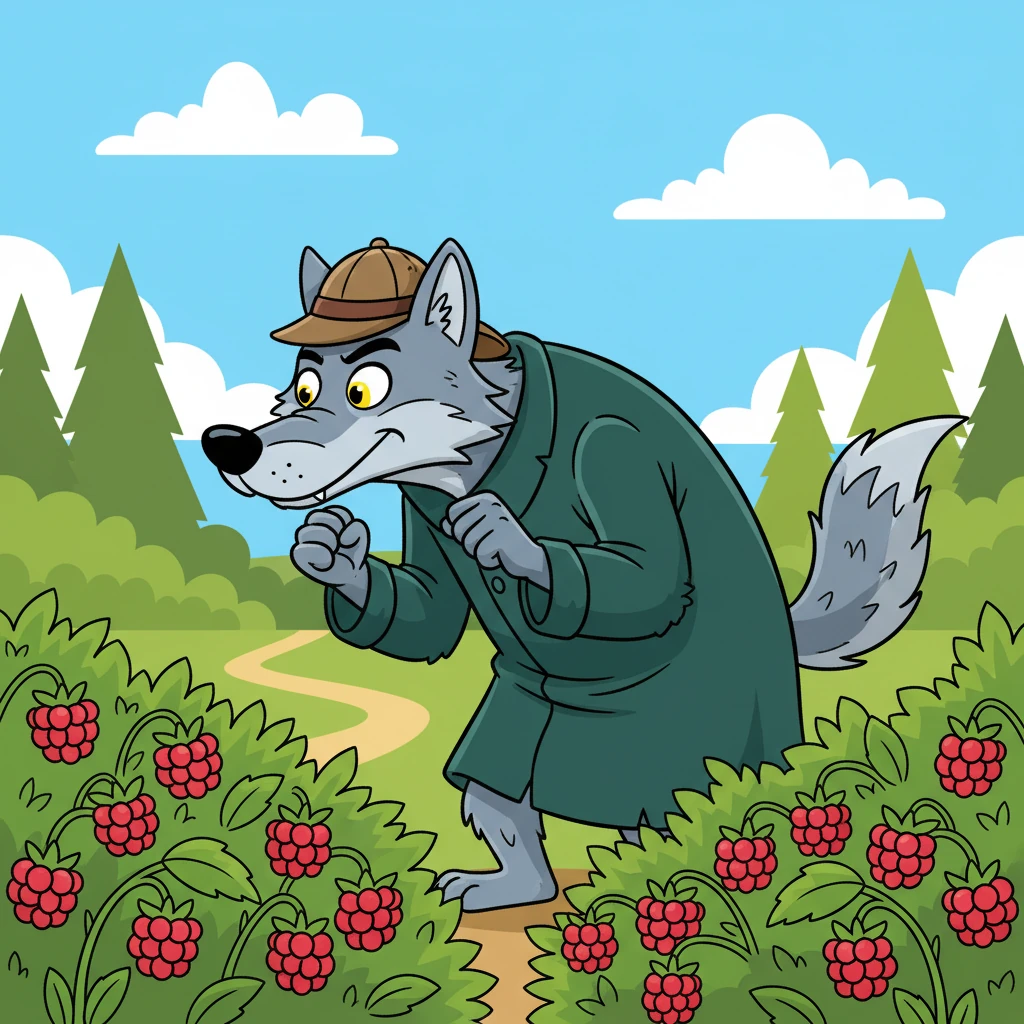 Le loup, après avoir fouillé partout, arriva enfin au buisson de framboises. Il renifla, les yeux brillants, prêt à trouver le festin.