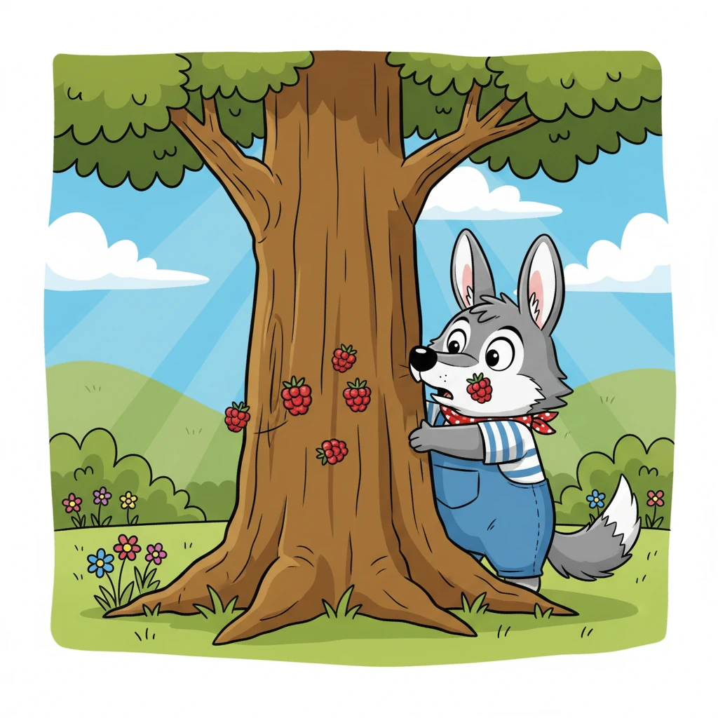 Mais Barnabé, caché derrière un arbre, avait tout prévu. Il lança quelques framboises juteuses vers le loup, qui fut distrait par leur saveur.