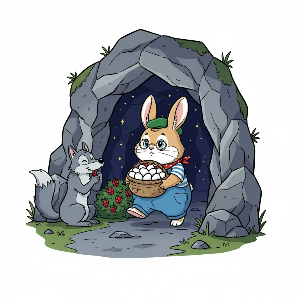 Pendant que le loup dégustait les framboises, Barnabé récupéra ses œufs et les transporta vers un nouveau lieu sûr : une grotte sombre et mystérieuse.