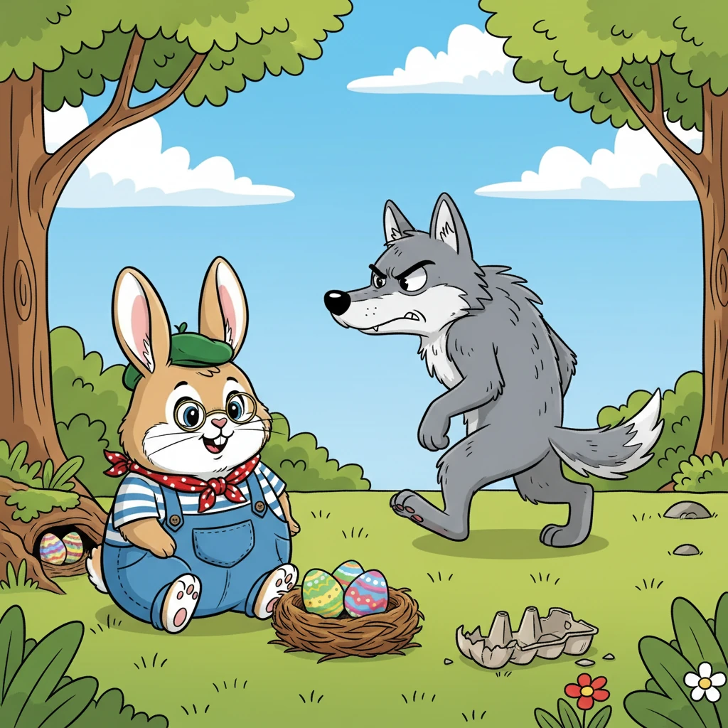 Le loup, déçu de ne pas trouver les œufs, grogna et repartit. Barnabé, heureux et soulagé, resta près de ses œufs, veillant sur eux.