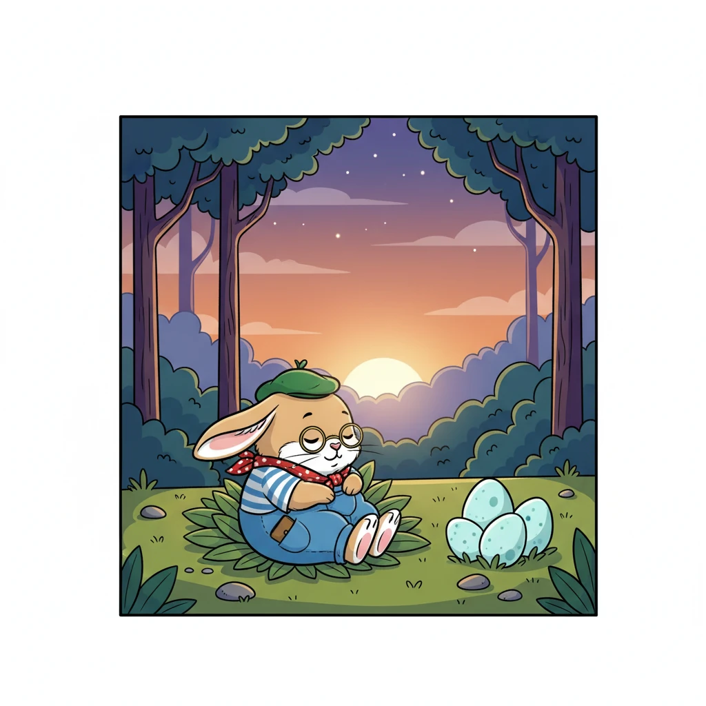 Finalement, le soleil se coucha, et Barnabé, fier de son courage et de sa ruse, s'endormit paisiblement près de ses œufs, prêt pour une nouvelle journée.