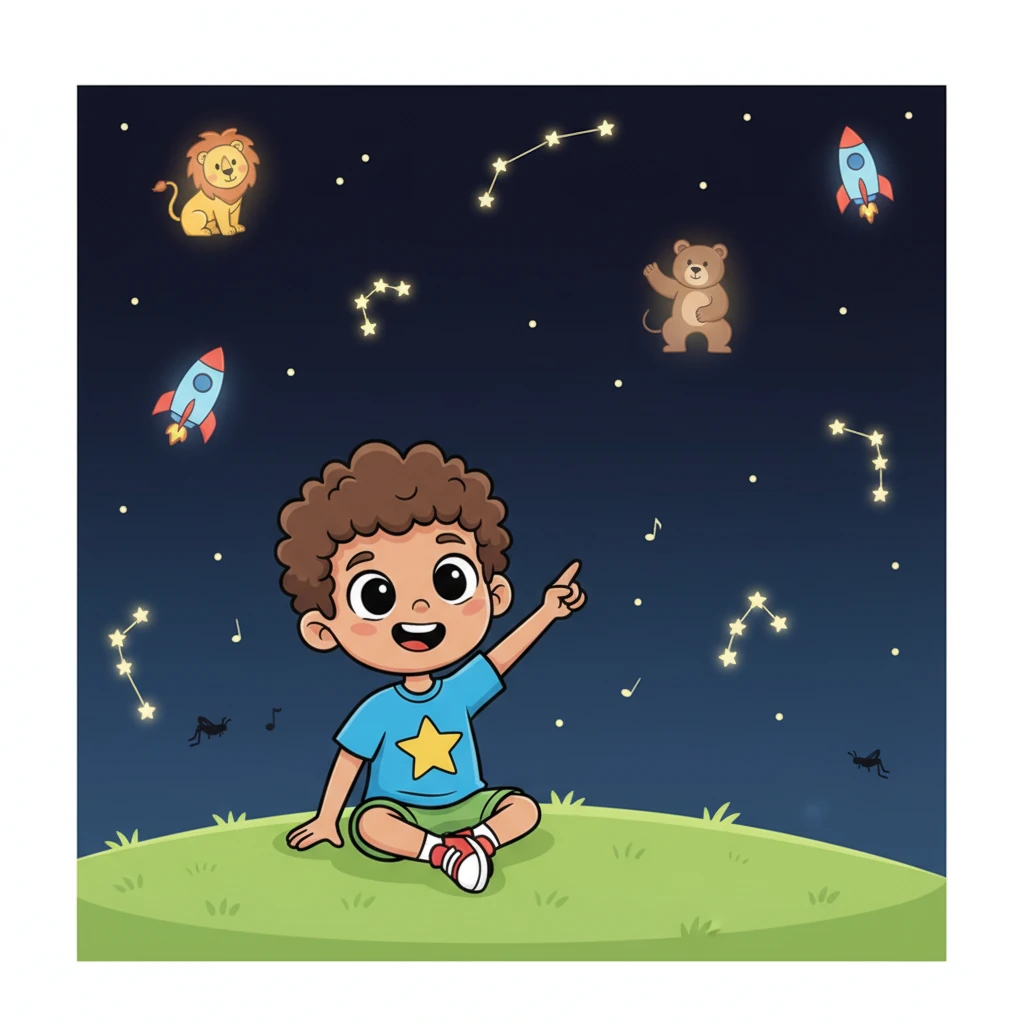 Sami, a cheerful and curious child, sits on a grassy hill, gazing up at the vast, inky night sky. His eyes, wide with wonder, sparkle as he points at the distant constellations, dreaming of adventures beyond the clouds. The air is cool and peaceful, filled with the gentle hum of crickets.