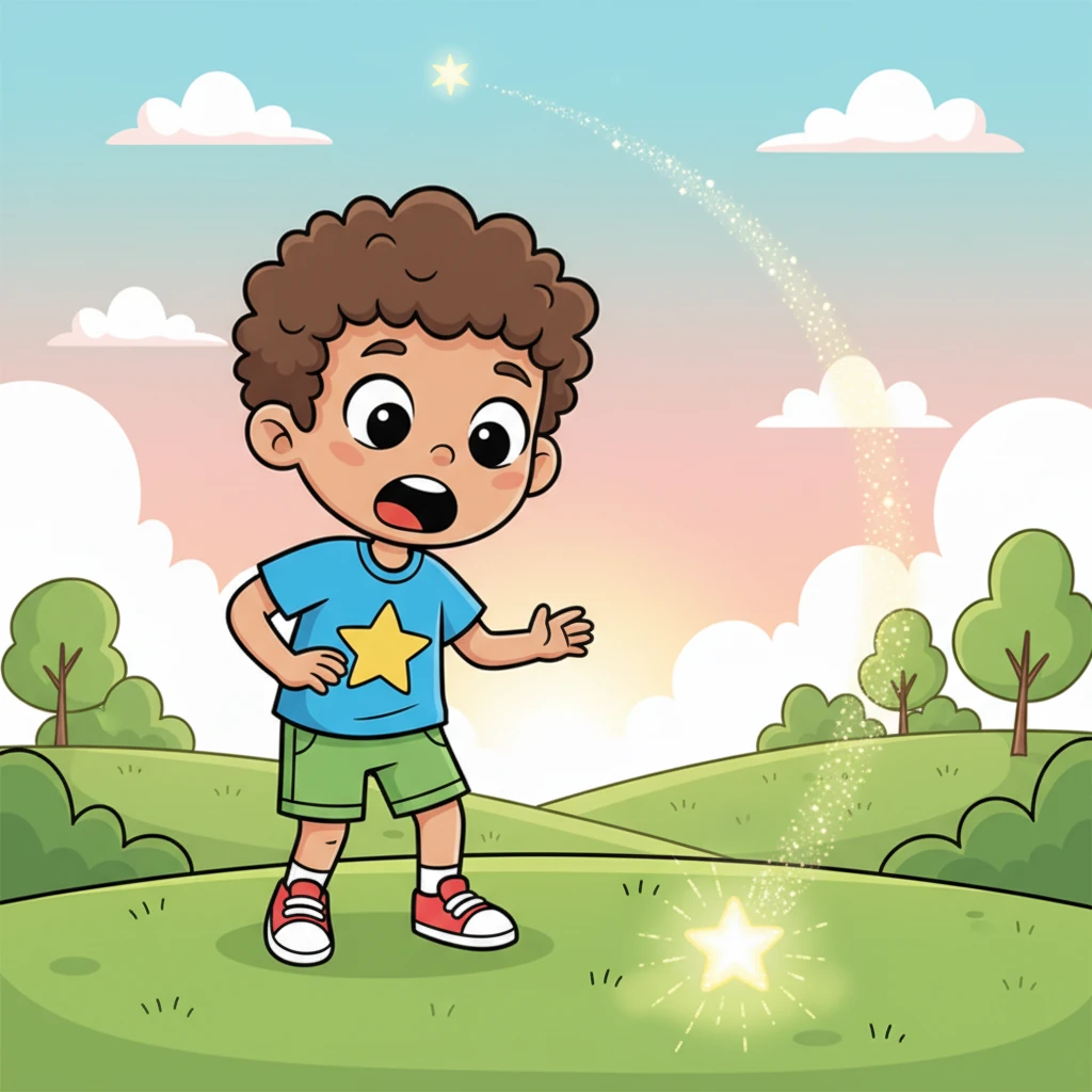 Suddenly, a tiny, shimmering light streaks across the sky and gently plops down near Sami. It's a little star, no bigger than his hand, twinkling softly on the grass. Sami's jaw drops in surprise, his eyes even wider than before.