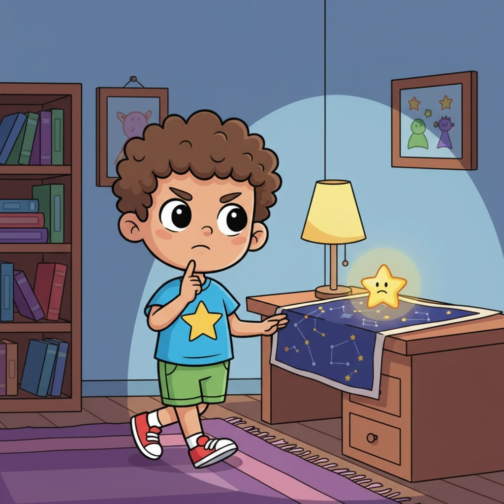 Sami, now back in his cozy room, paces thoughtfully, a finger on his chin. He looks at the little star, which sits on his desk, its light illuminating a map of the night sky. He's determined to help his new friend find its way home.