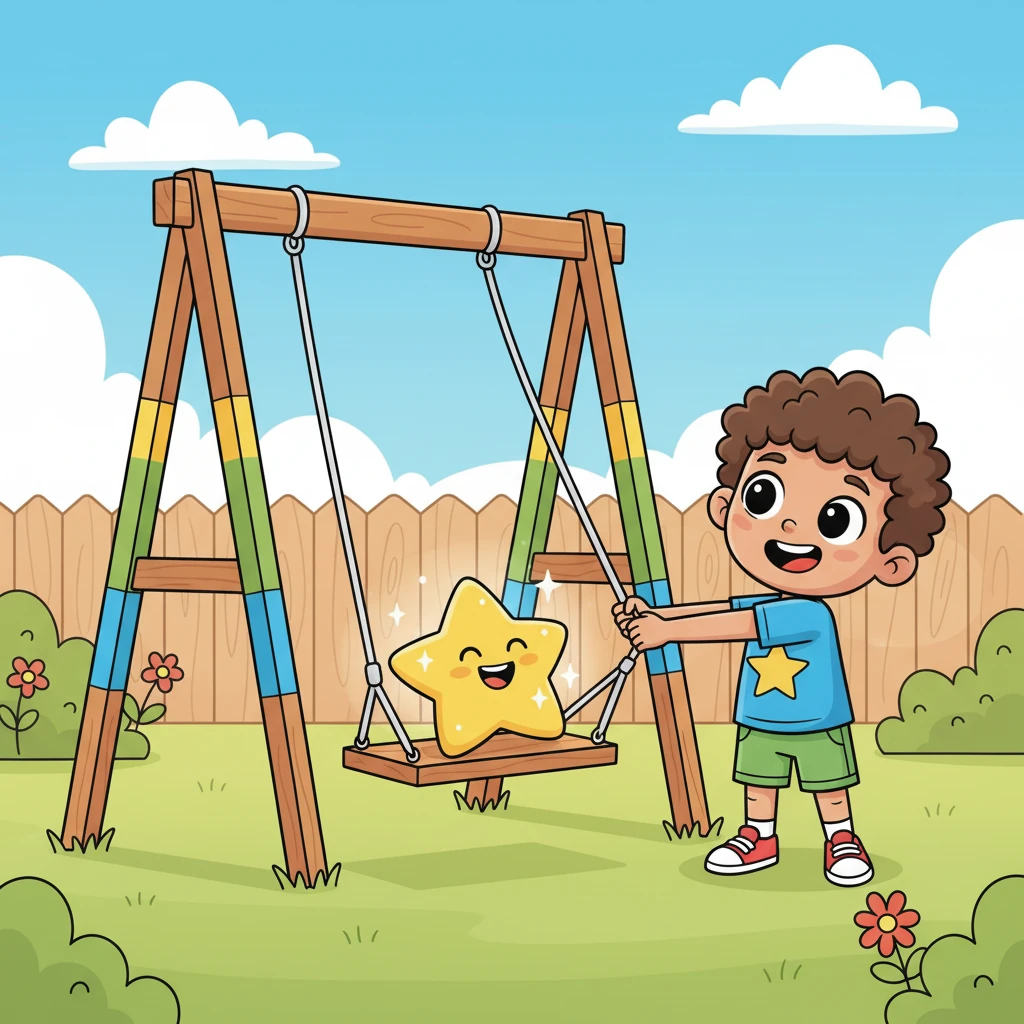 Sami, with a determined grin, tries to launch the star from a tall swing set in his backyard. He pulls the swing back as far as it can go, hoping the momentum will send the little star soaring upwards. The star giggles with a soft shimmer, enjoying the ride.