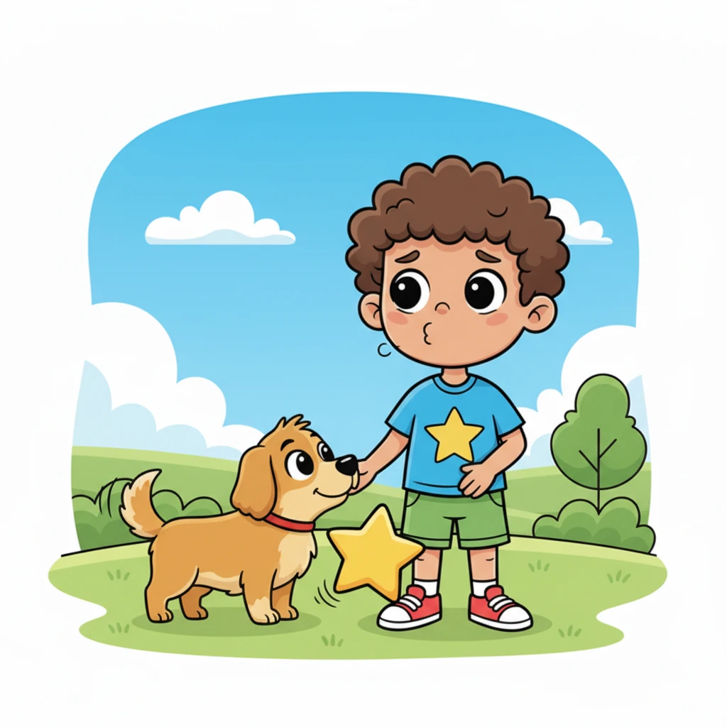 Despite his best efforts, the star only bounces a little higher before floating back down. Sami sighs, a bit discouraged, when his loyal, fluffy dog, Max, nudges his hand. Max looks up with big, encouraging eyes, ready for an adventure.