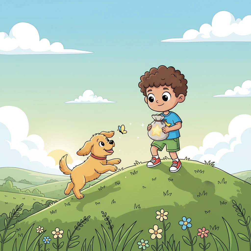 With Max by his side, Sami decides they need a higher launch point. They embark on a playful journey up the tallest hill in the meadow, Sami carefully carrying the star in a soft, glowing pouch. Max bounds ahead, sniffing at butterflies and leading the way.