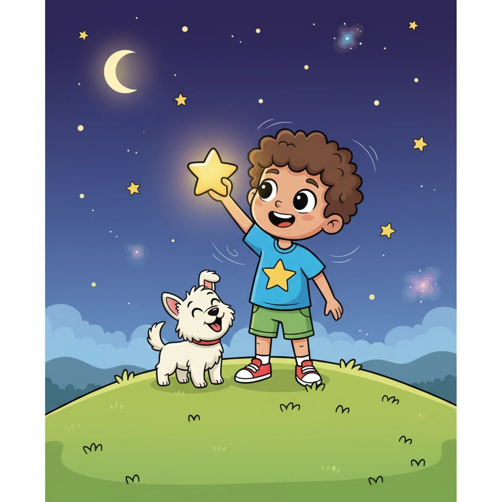 Reaching the very peak of the hill, Sami holds the little star up towards the vast, welcoming night sky. The star glows brighter, sensing its home, and Max wags his tail excitedly, understanding the moment. A gentle breeze rustles through their hair.