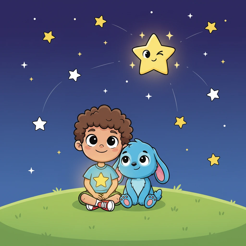 Sami and Max sit on the hill, watching the stars now, feeling a warm glow in their hearts. One star, a little brighter than the others, winks at Sami. He knows it's his friend, happy and home, and a smile spreads across his face, knowing they'll always be connected.