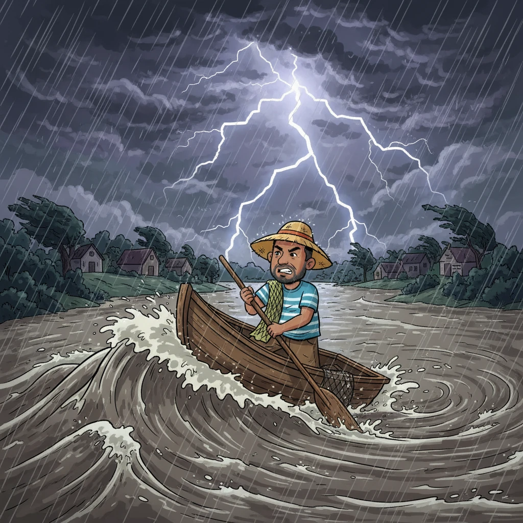 Suddenly, the sky darkened, and the monsoon roared in, unleashing its fury upon the village. The river swelled, its waters rising with a menacing power. Kamal fought against the currents, his small boat battling the storm's rage, his heart heavy with the fear for his family.