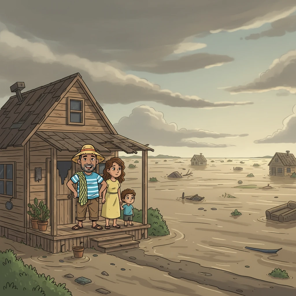 When the storm finally passed, leaving behind a trail of destruction, Kamal returned home to find his family safe, their house battered but standing. They gathered together, grateful for their survival, and looked out at the receding waters, a shared sense of loss and resilience.