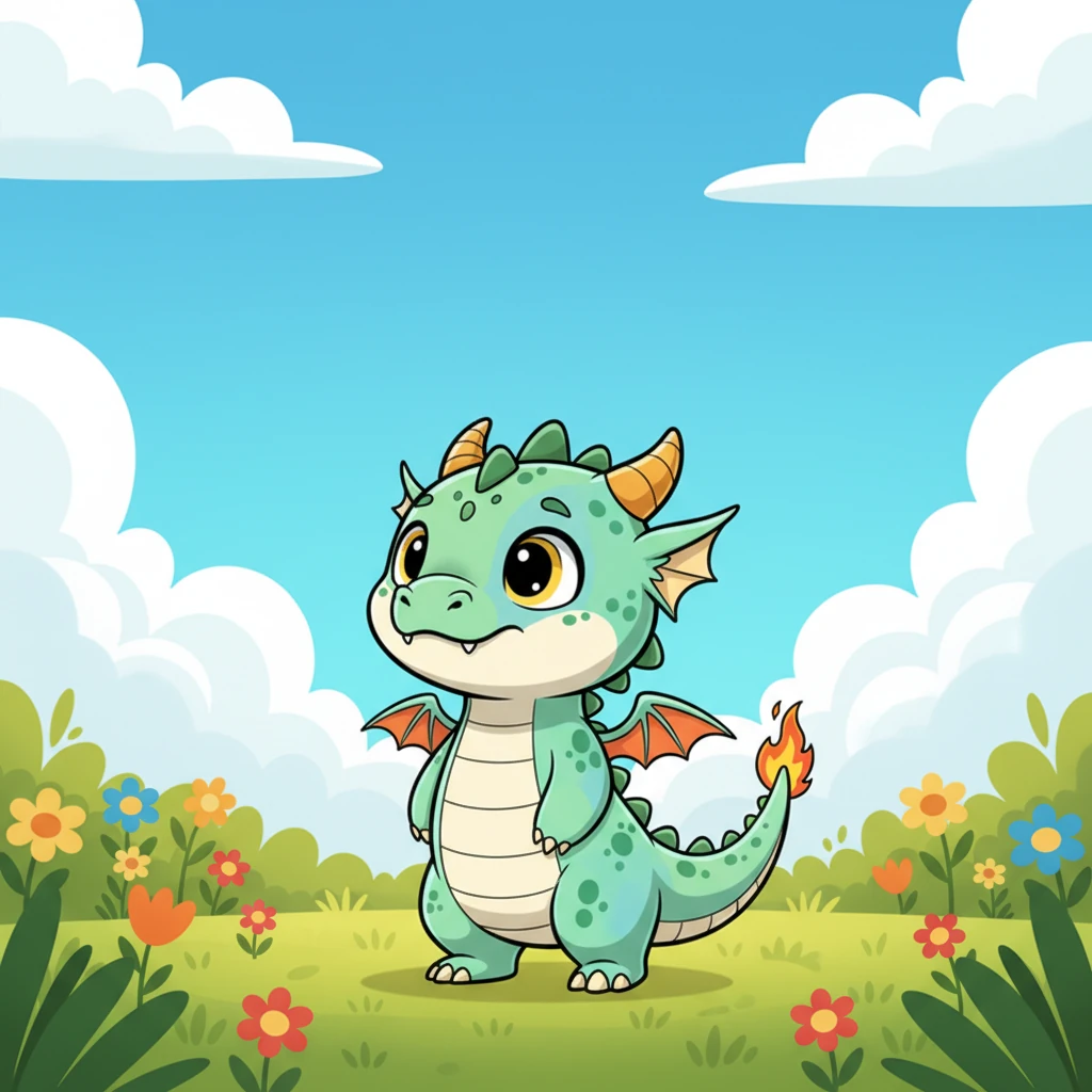 Flicker, a tiny dragon with shimmering green scales, stood at the edge of a sunny meadow, his heart thumping with excitement and a flutter of nerves. He gazed up at the vast blue sky, where fluffy white clouds drifted lazily, dreaming of the day he would join them. Today was the day he would try his very first flight! His small wings twitched with anticipation.
