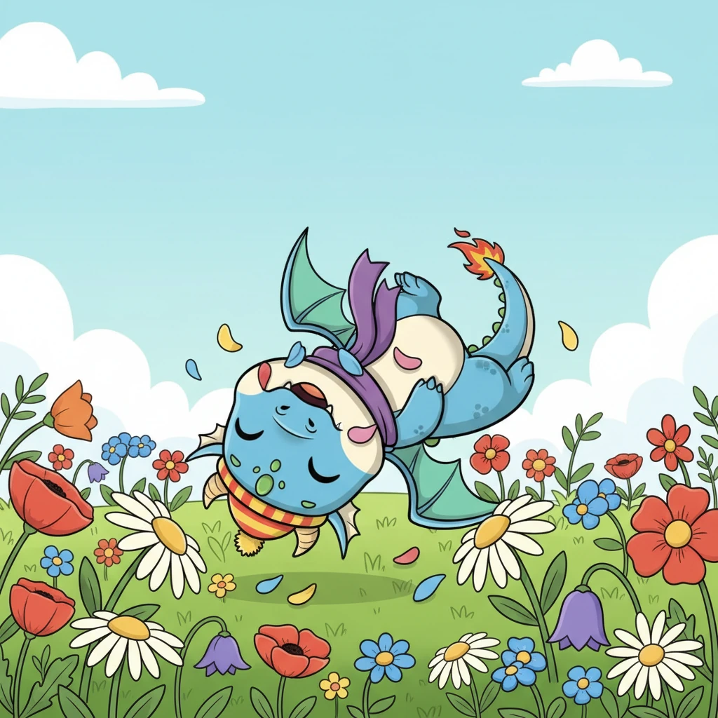 With a determined huff, Flicker spread his little wings and gave a mighty flap, but instead of soaring, he stumbled forward, tumbling playfully into a patch of soft wildflowers. Petals stuck to his snout as he giggled, shaking his head. Flying was much trickier than it looked!