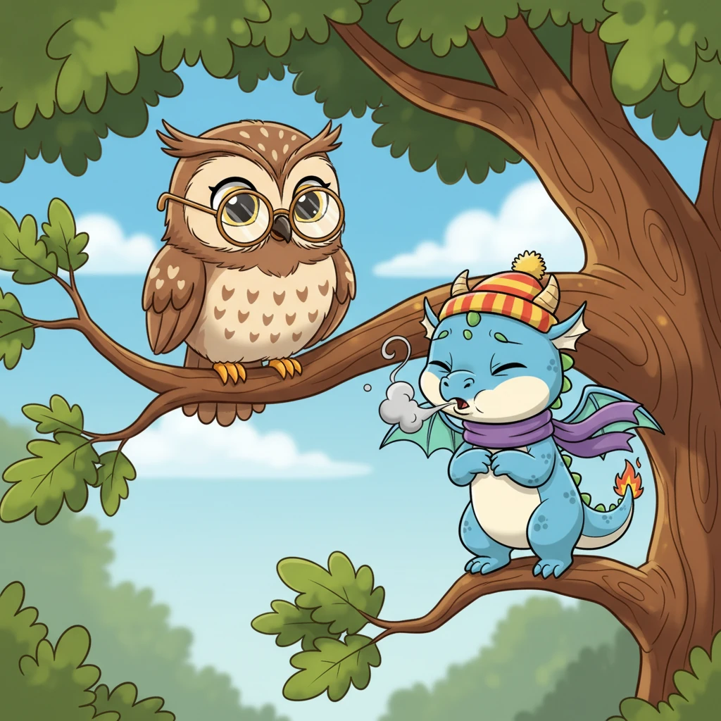 Perched on a nearby oak branch, Professor Hoot, a wise old owl with spectacles, watched Flicker's attempts with a knowing twinkle in his eye. He hooted softly, a gentle encouragement that seemed to say, "Keep trying, little one!" Flicker puffed out a small plume of smoke, feeling a little embarrassed but not defeated.
