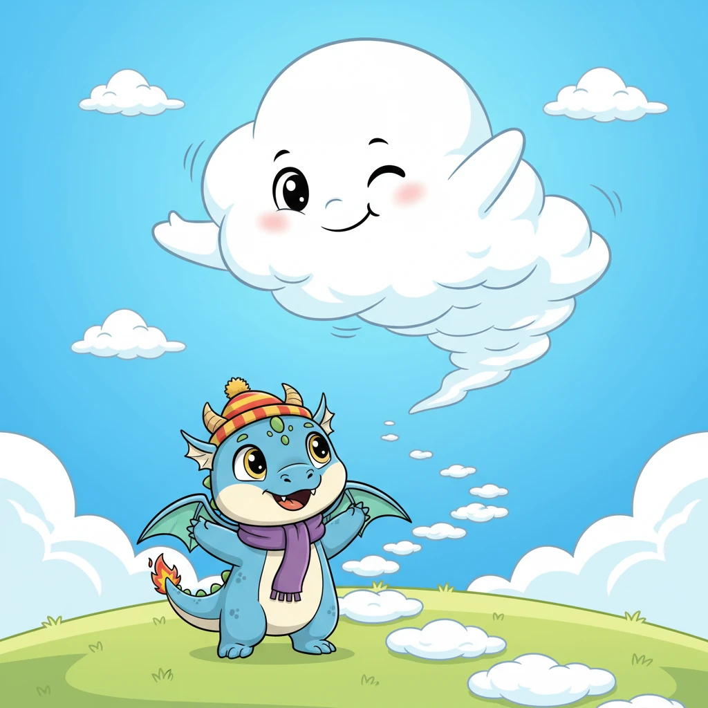 Just then, a familiar giggle echoed from above, and Flicker looked up to see Nimbus, his best friend, a playful little cloud, swirling playfully in the sky. Nimbus winked, beckoning Flicker higher. Flicker knew he absolutely had to reach his friend, no matter how many tries it took.