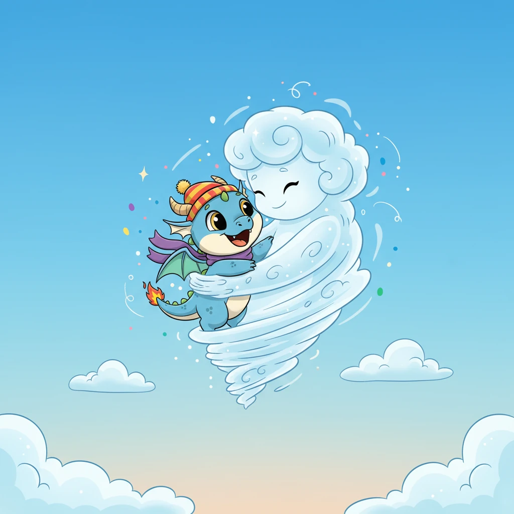 Finally, with a happy squeal, Flicker reached Nimbus, who wrapped around him in a soft, misty hug. They spun and twirled together, overjoyed to be reunited in the vast, open sky. Flicker had done it!