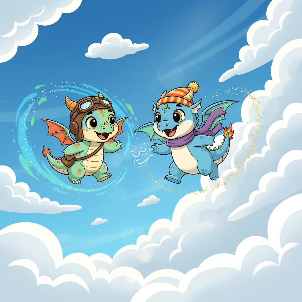 Hand in wing (or rather, wing in cloud), Flicker and Nimbus playfully chased each other through the endless blue, leaving trails of joyful laughter and wisps of magic. Flicker's first flight was an unforgettable adventure, and he knew many more sky-high games awaited him and his best friend.