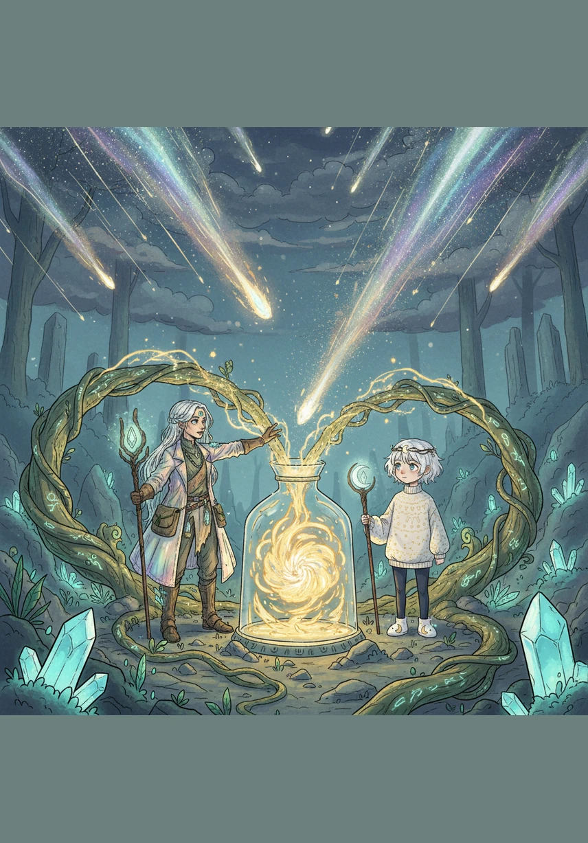 They begin collecting the building blocks of their creation, harvesting magical energy from ancient vines and cosmic particles from passing meteor storms. These shimmering materials are funneled into a central incubation chamber where golden energy begins to swirl and pulse like a heartbeat.