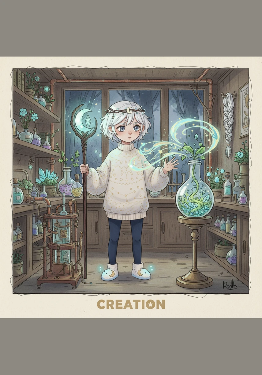 A small, delicate body begins to take shape within the glowing chamber, adorned with golden markings and soft, luminous antennas. A long shimmering tail curls around him, and a faint halo of tiny, flickering stars appears above his head as he floats in the liquid light.