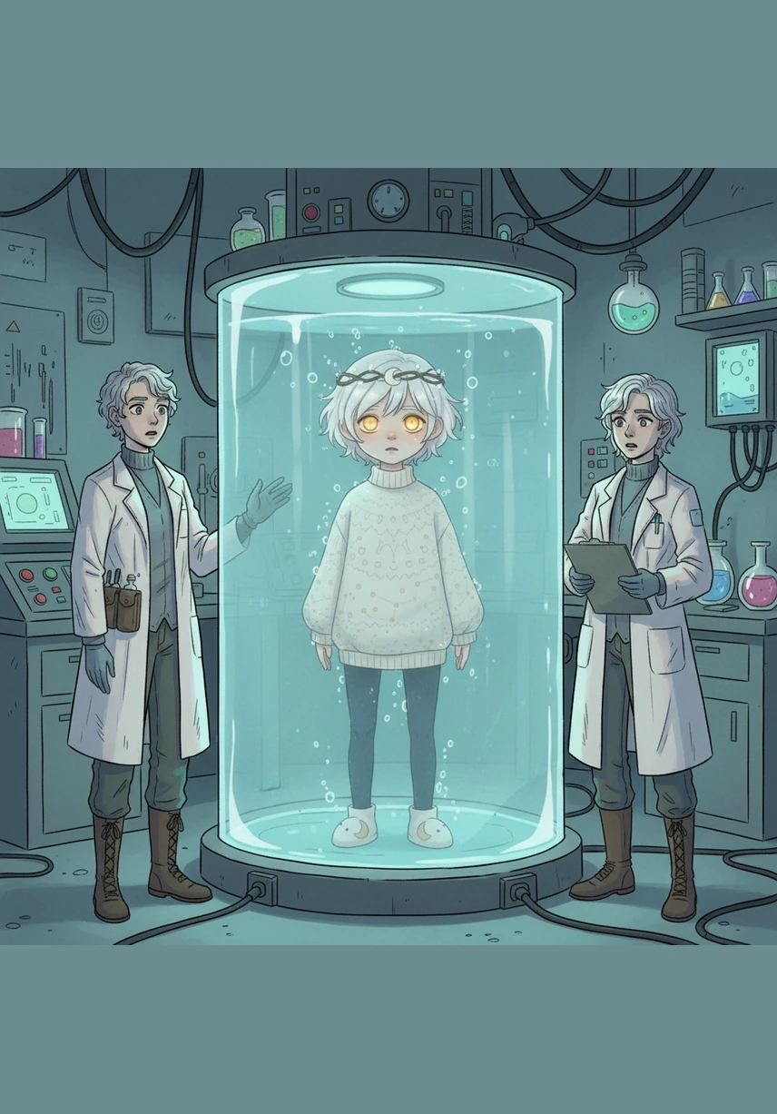 The child opens his shining golden eyes for the first time, looking out through the glass of the incubation tank. The scientists watch in stunned silence as their creation, whom they name Moon, breathes his first breath of artificial life.