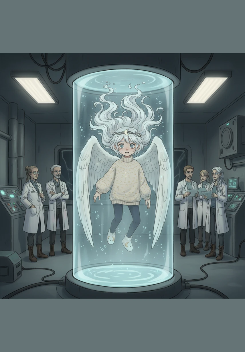 Suspended in the shimmering, weightless liquid, Moon feels a wave of confusion and fear as he takes in the sterile, dim light of the laboratory. His wings press gently against the cold glass of the tube, and his long hair floats around him like a cloud of liquid fire.