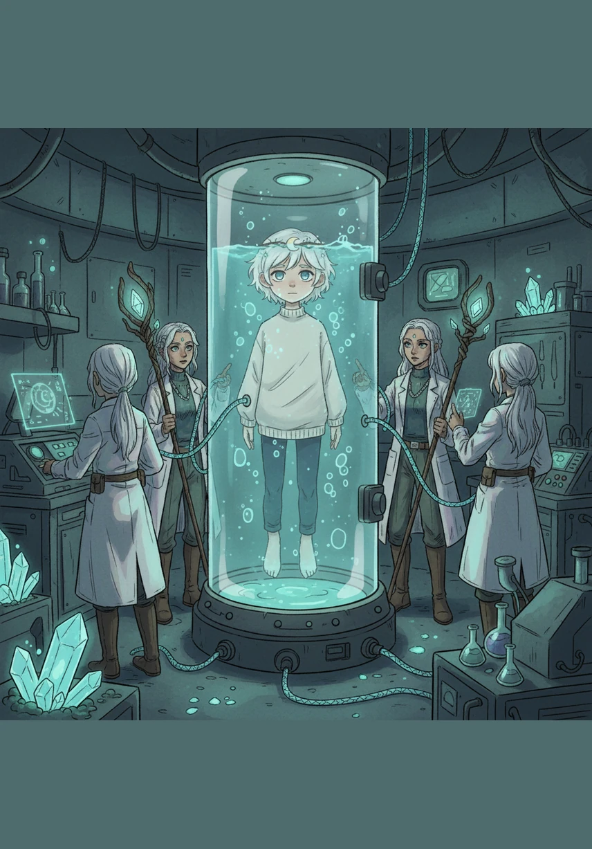 The scientists move closer, pulling the incubation tube toward humming machines and attaching glowing wires to the glass. As the first experimental sequence begins to pulse through the water, Moon looks out at his creators, ready to discover the true extent of his cosmic power.