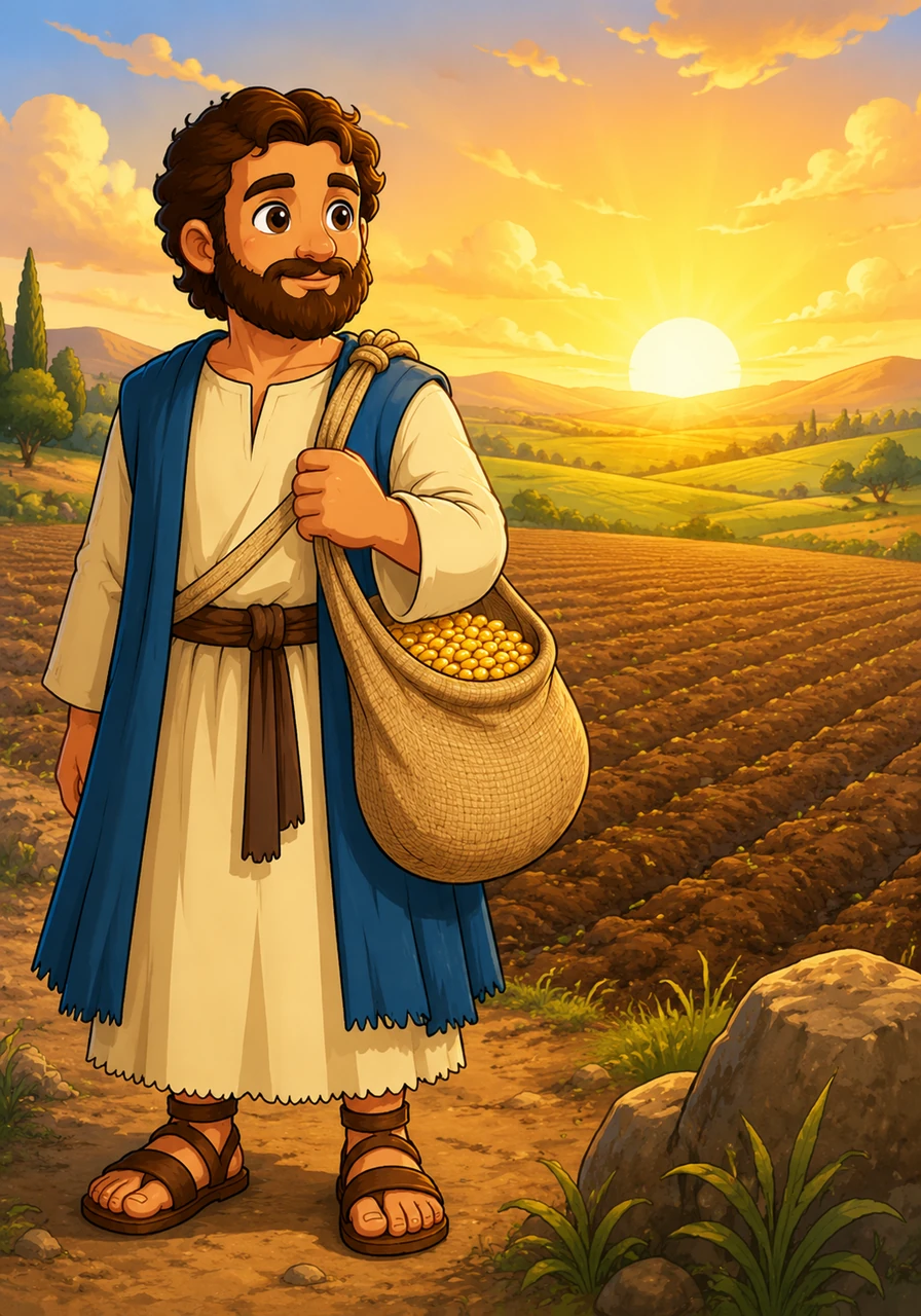 Silas the Sower stands at the edge of his vast, rolling field as the golden sun begins to rise over the horizon. He carries a heavy linen bag filled with precious, shimmering seeds, his face reflecting a sense of peace and purpose.