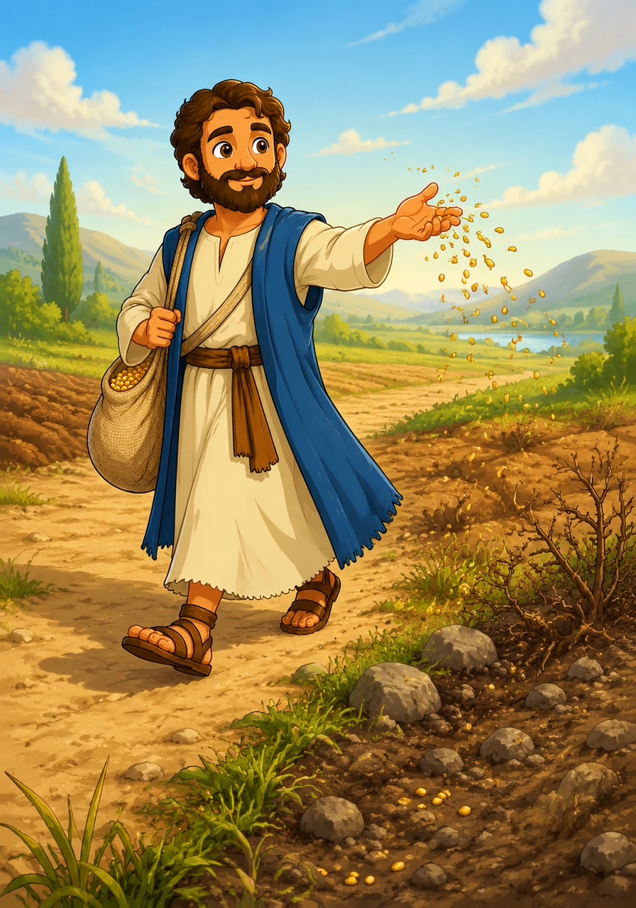 With a steady hand and a hopeful heart, Silas walks across the land, tossing handfuls of seeds into the air with a rhythmic grace. The seeds dance in the morning breeze like tiny specks of gold before landing on the diverse ground below.