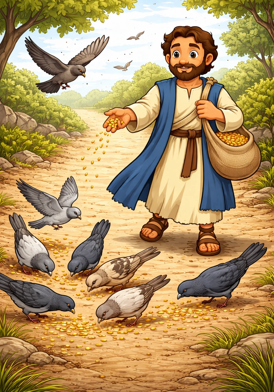 Some of the seeds land on the hard-packed walking path where the ground is as solid as stone and worn smooth by many feet. Before the seeds can even settle into the dust, a flock of hungry birds swoops down from the sky to gobble them up.