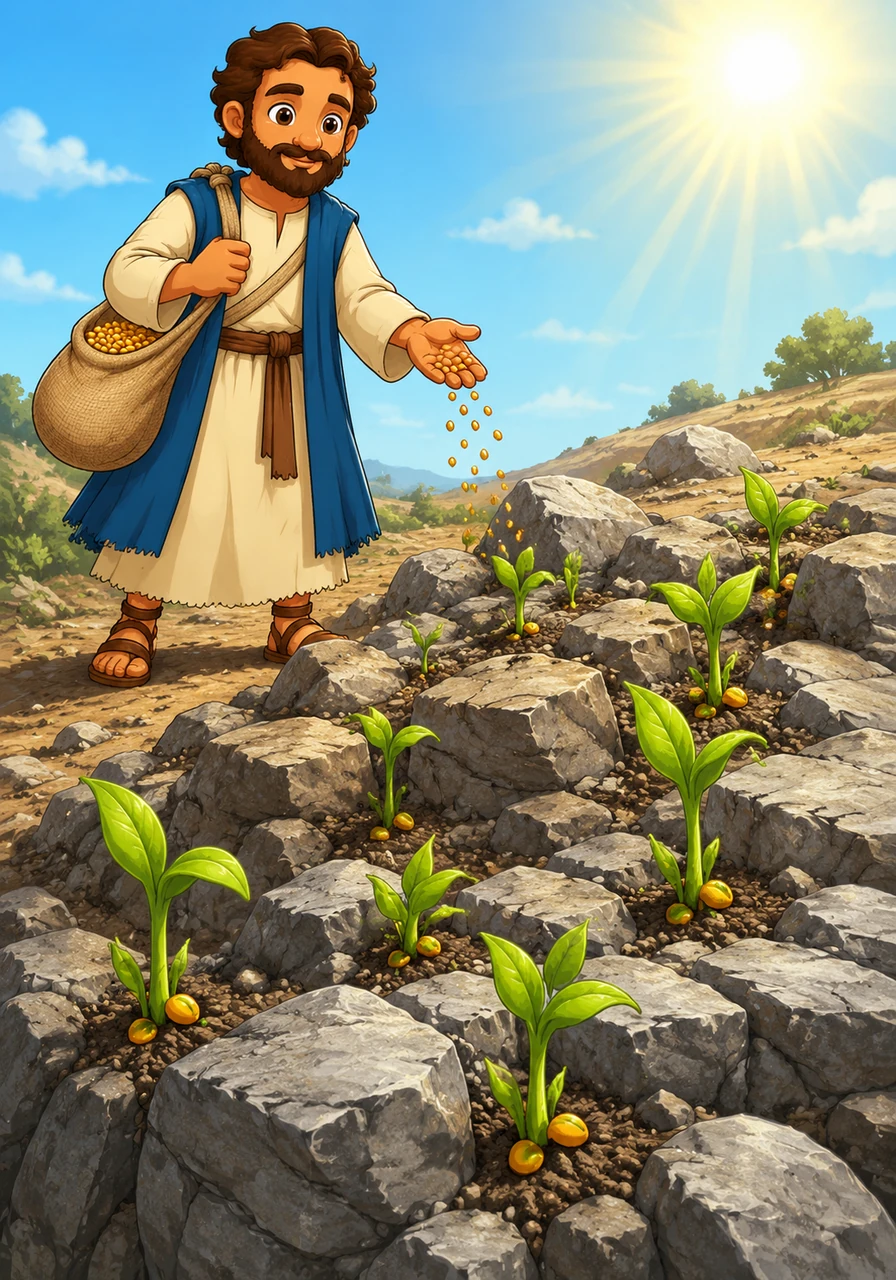 Other seeds fall onto rocky patches where the soil is very shallow and rests upon hidden layers of grey stone. The seeds sprout remarkably fast into bright green shoots, appearing eager to reach for the warmth of the sunlight.