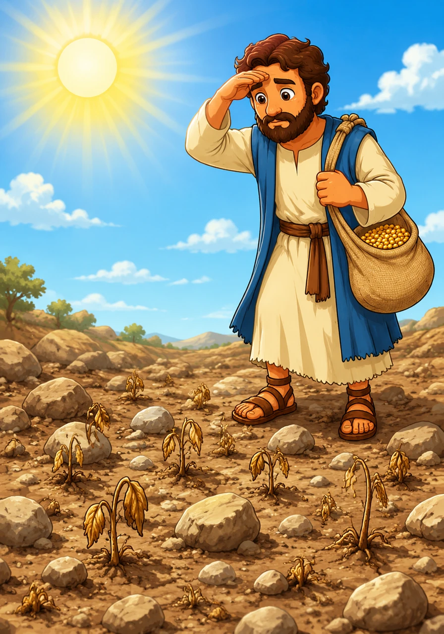 When the midday sun grows hot and fierce, the tiny plants begin to wilt because their roots cannot penetrate the rocky earth to find water. Without moisture or depth to sustain them, they soon wither away and turn brown under the intense heat.