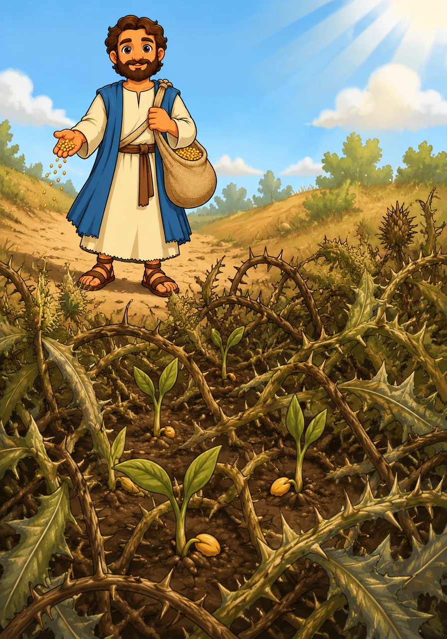 Further along the field, some seeds tumble into a patch of ground filled with sharp, tangled thorns and wild, aggressive weeds. These seeds try their best to grow, stretching their small green leaves upward toward the light.